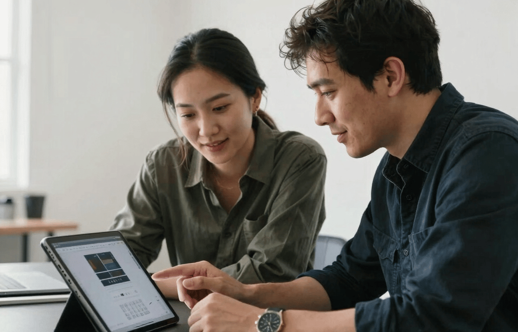 Two professionals collaborating in a North American / US creative studio, sitting at a charcoal-colored table. They are looking at a tablet screen together with a blurred digital layout visible. The setting is bright with pure white walls and soft natural lighting. The mood is friendly, showing a partnership focused on real-world results.