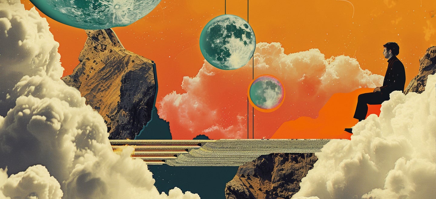 a man sitting on a bench in the clouds, illustration, intelligenza artificiale, content creation