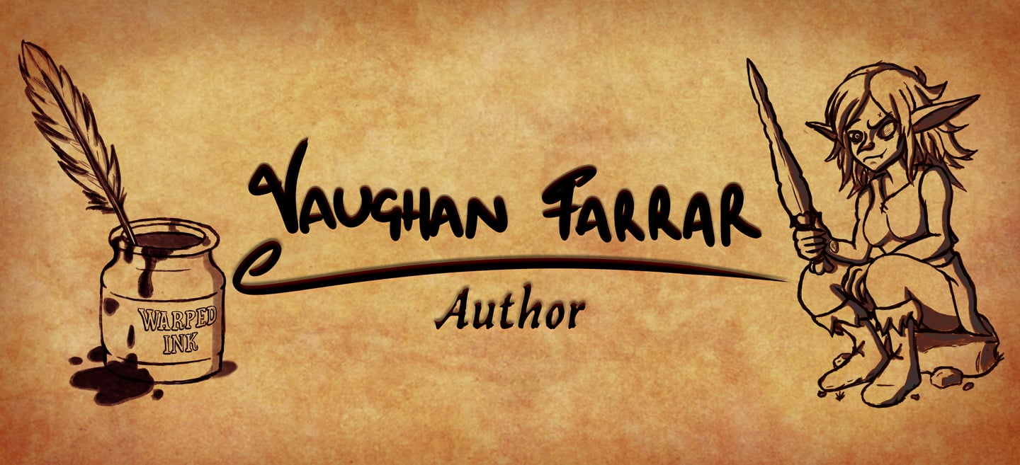 Vaughan Farrar web banner, a goblin girl sat on a rock with a sword, ink pot and quill, sketches