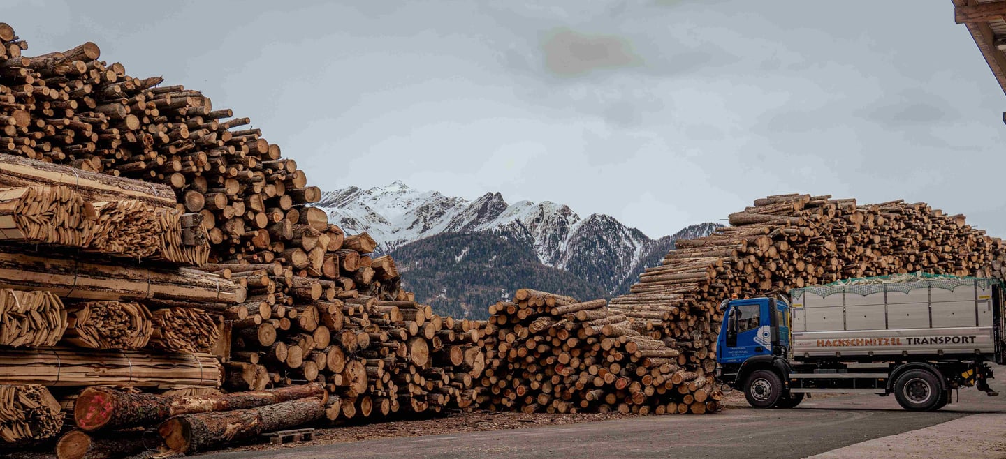 großer holzstapel im hintergrund schöne berge von tirol mit blauen lkw der holz transportiert
