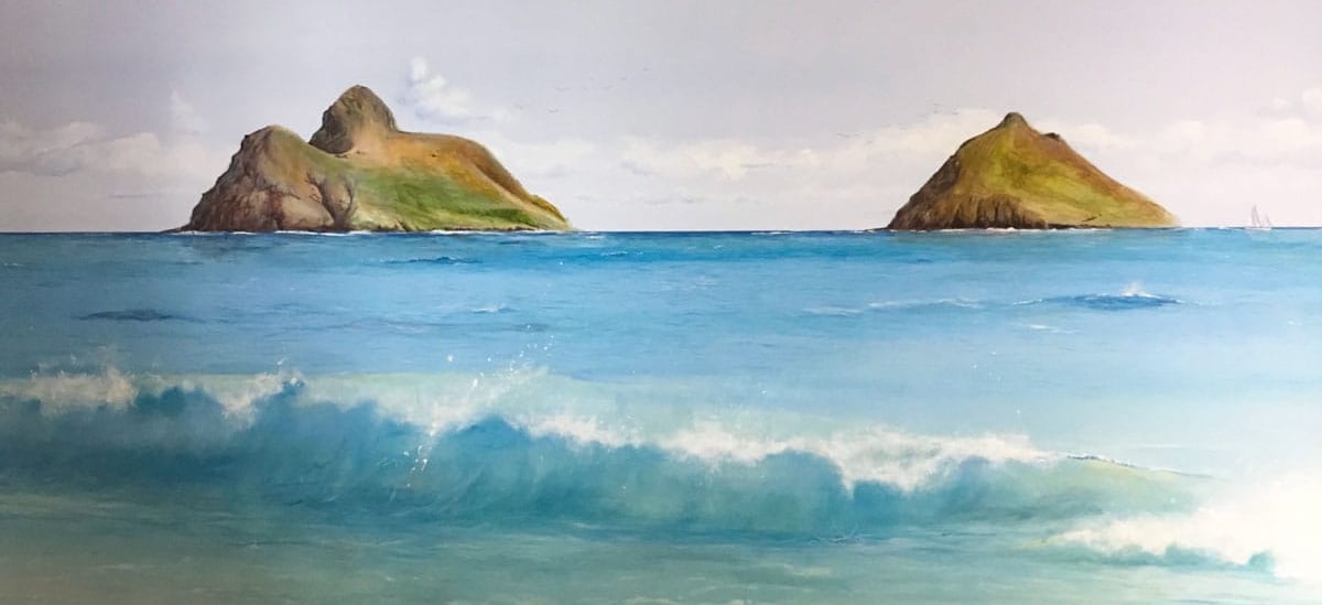 Hand-painted mural of two Hawaiian islands, turquoise ocean, a sailboat and a breaking wave.