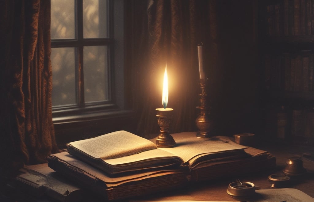A moody desk scene with a vintage typewriter, scattered pages, and soft pink and purple lighting casting shadows.