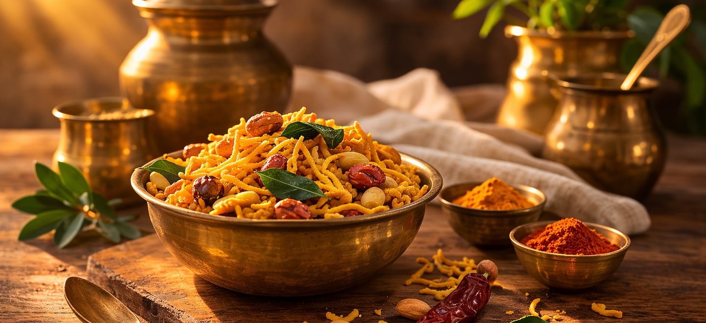 Traditional Indian kitchen with brass utensils and namkeen on wooden table