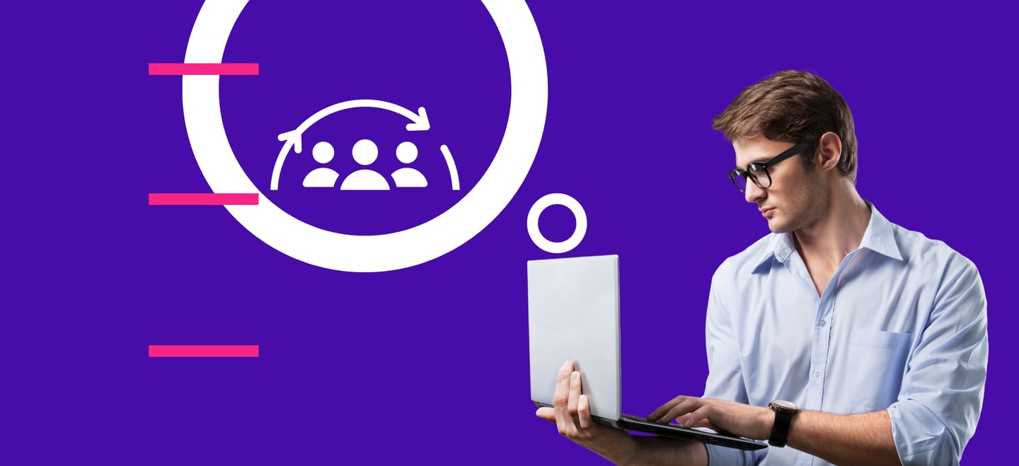 Professional man using a laptop with business team collaboration icons on a purple background.