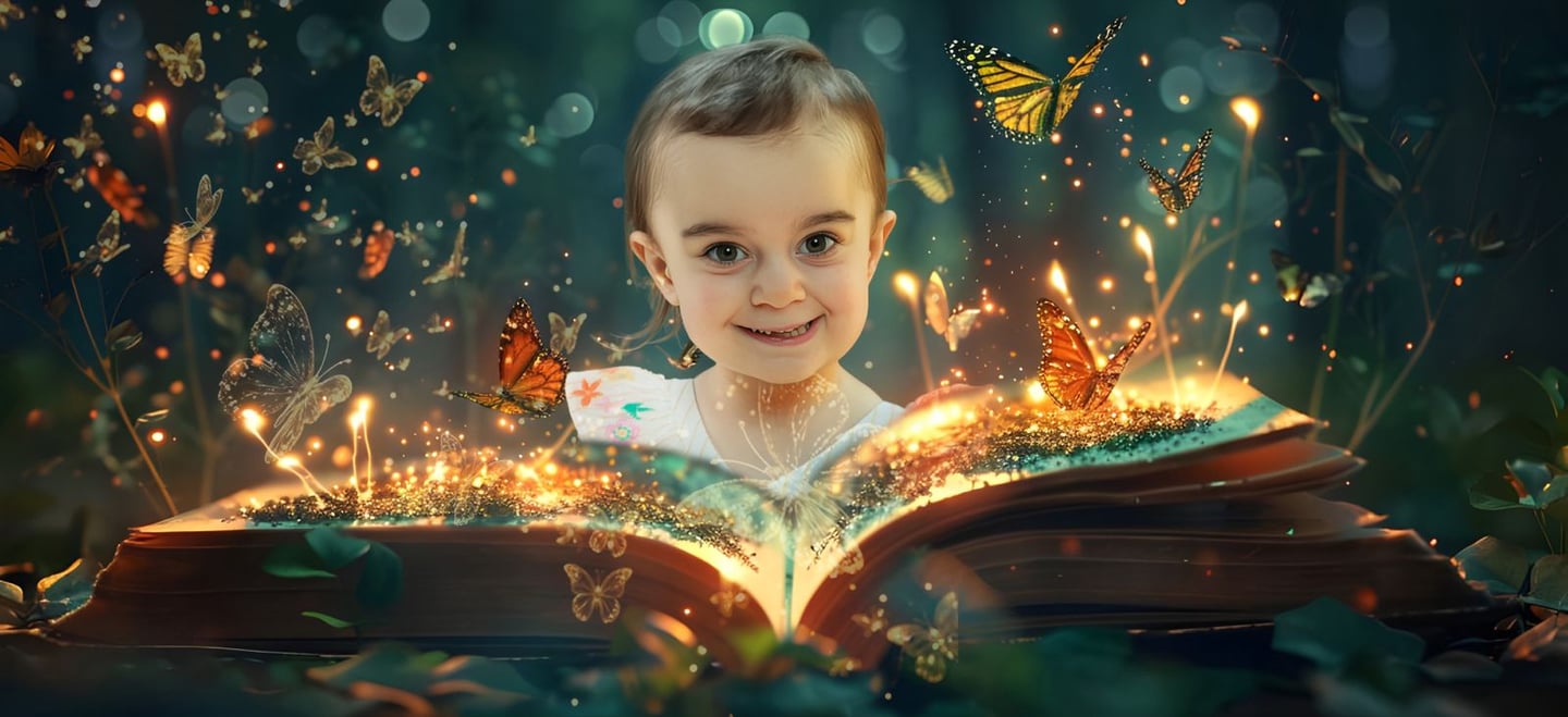 Smiling young girl reading a magical glowing book with flying butterflies and fairy lights.