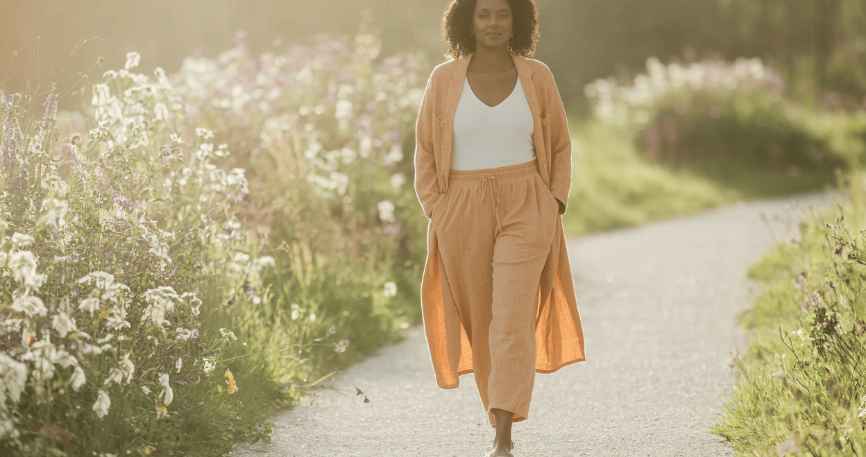 a woman walking down a path with a long coat