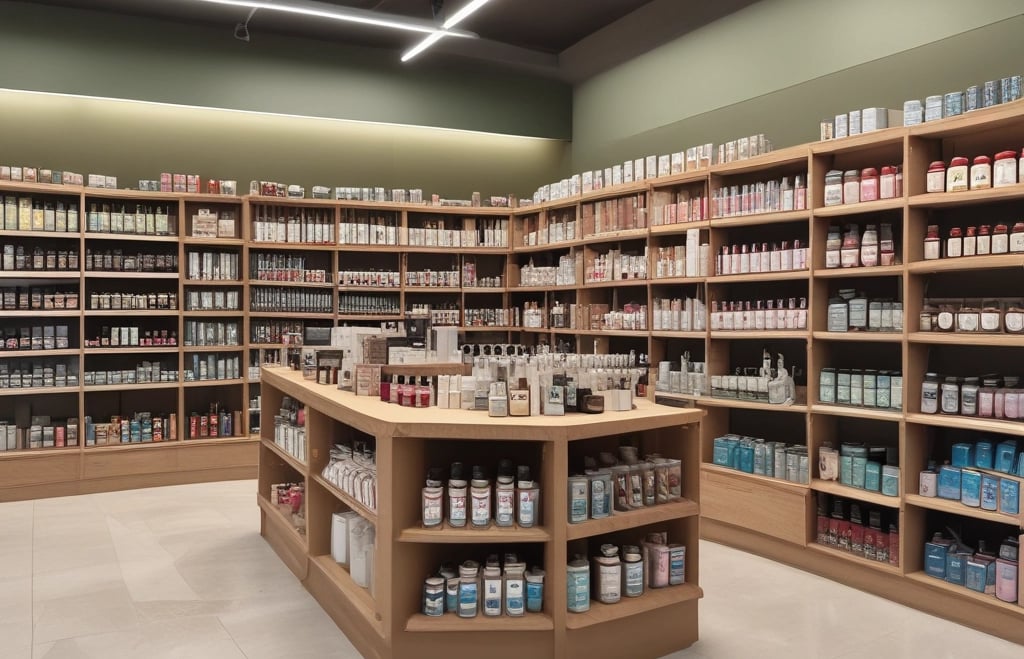 A modern retail space features minimalist design with display shelves along one wall holding neatly organized packages. A central table displays electronic devices on stands. Large windows allow natural light to brighten the space, where potted plants add a touch of greenery.