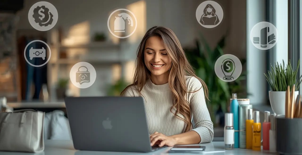 “Mulher trabalhando em home office com laptop e cadernos, planejando estratégias de marketing de afi