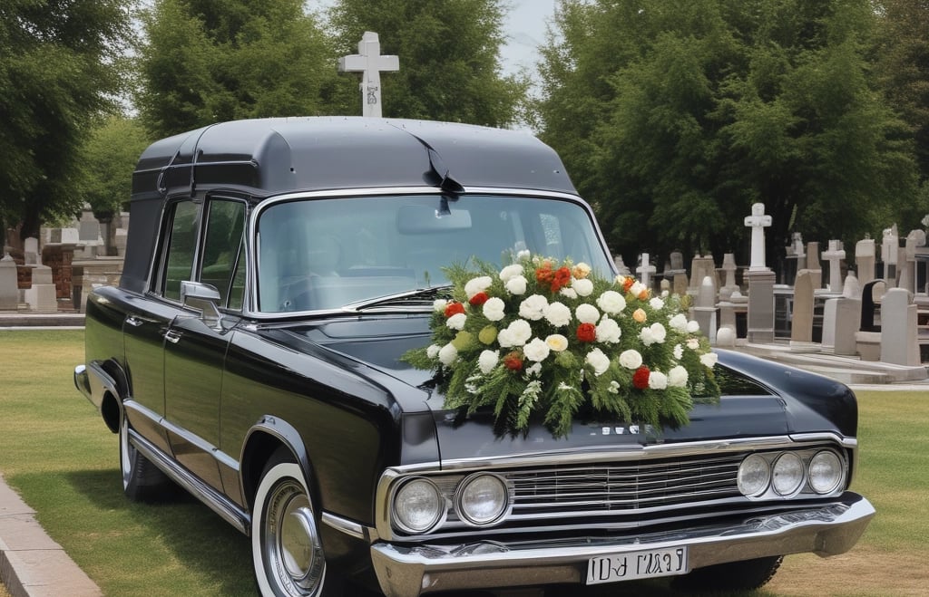 bestattungsfahrzeug auf dem friedhof