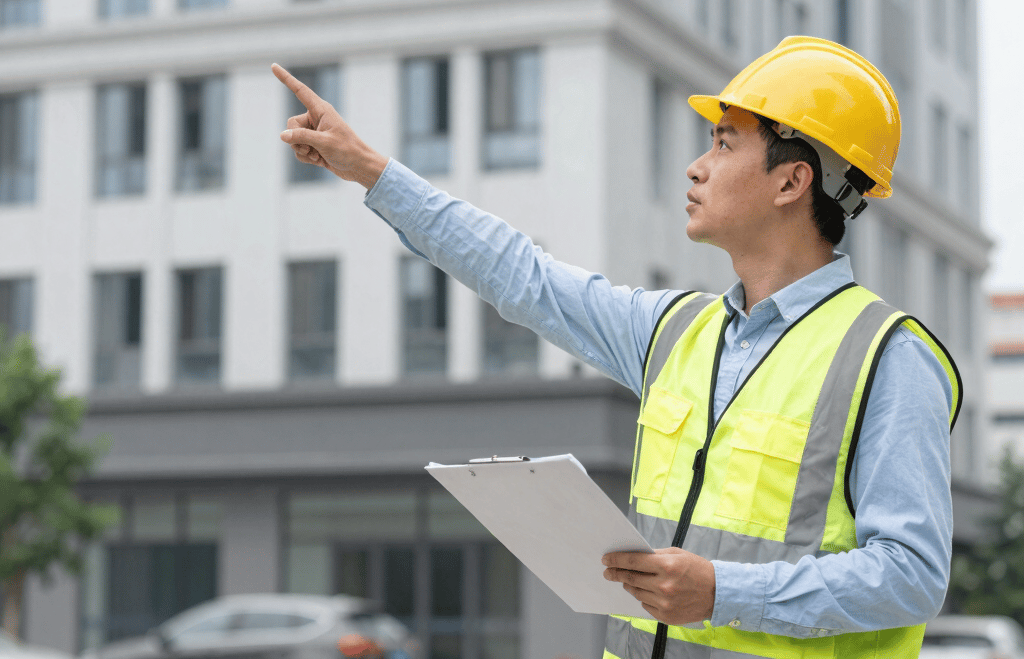 A consultant examining a building's structure with blueprints and tools on a sunny day.