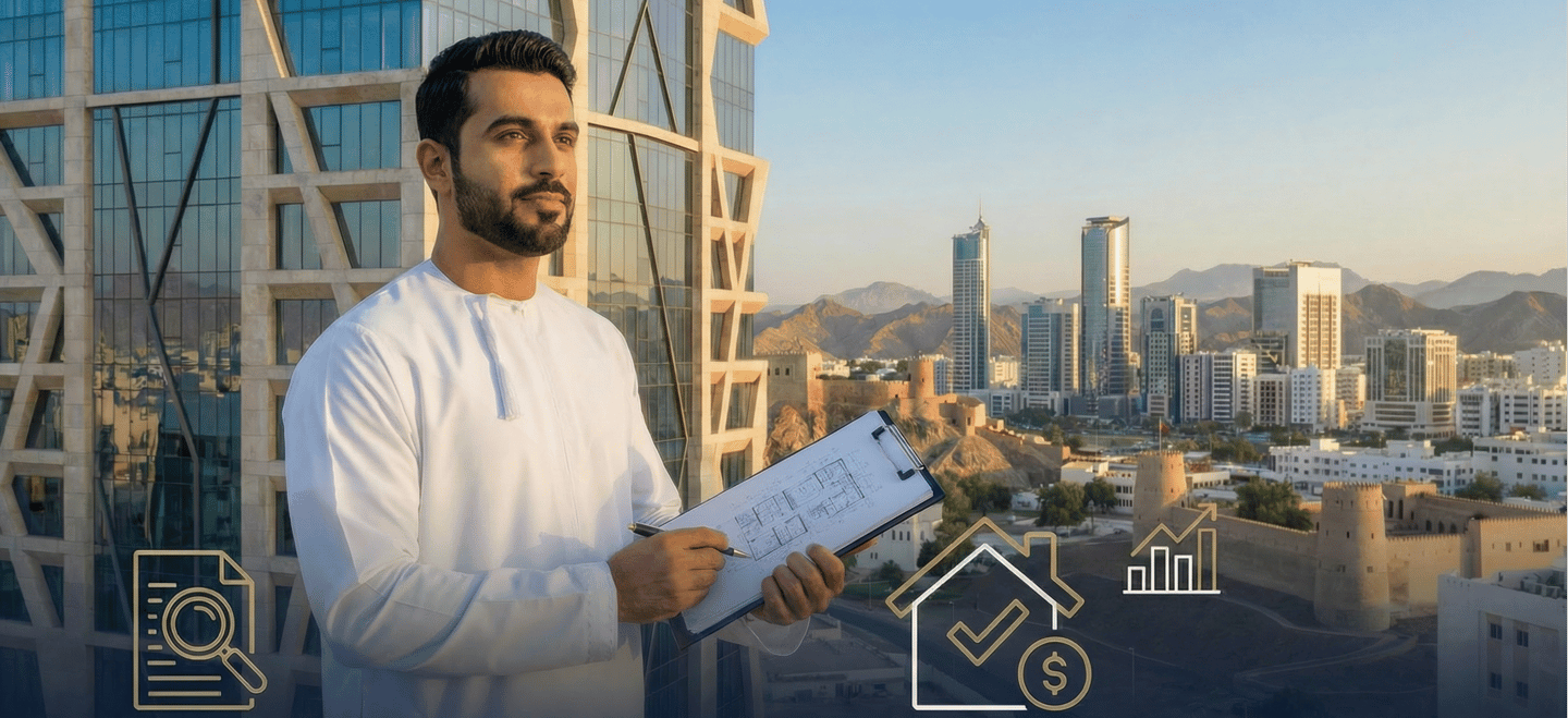 Arab real estate developer holding a clipboard overlooking a modern city skyline and mountain landscape.