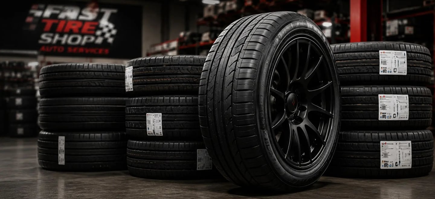 Professional new and used tire inventory at Fast Tire Shop featuring premium wheels, multiple tire 
