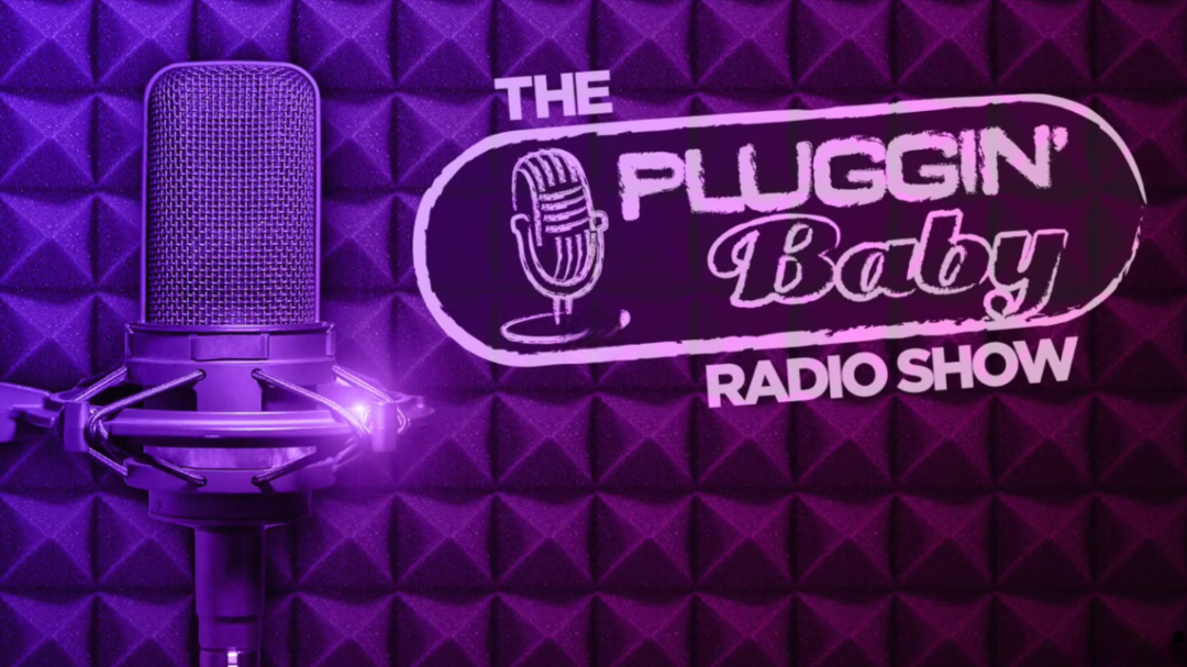 a microphone in front of a purple background with brand Pluggin baby radio show