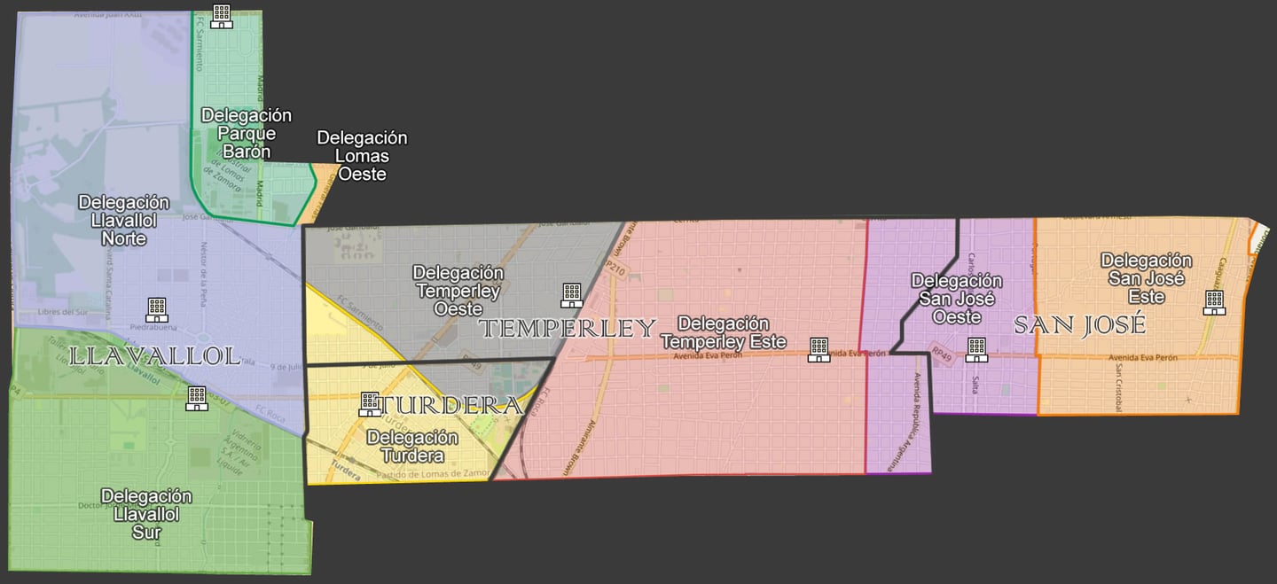 Mapa de Delegaciones Municipales en Llavallol San Jose Temperley Turdera