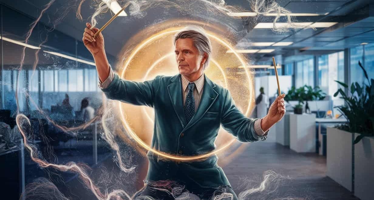a man in a suit and tie is holding a wandet
