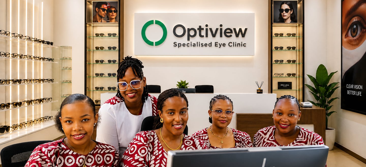 Professional Optiview Specialised Eye Clinic staff welcoming patients in a modern premium eye care e