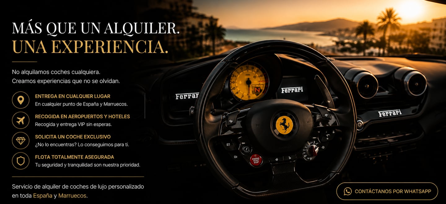 Luxury Ferrari car rental dashboard and steering wheel with coastal sunset view in Spain and Morocco.
