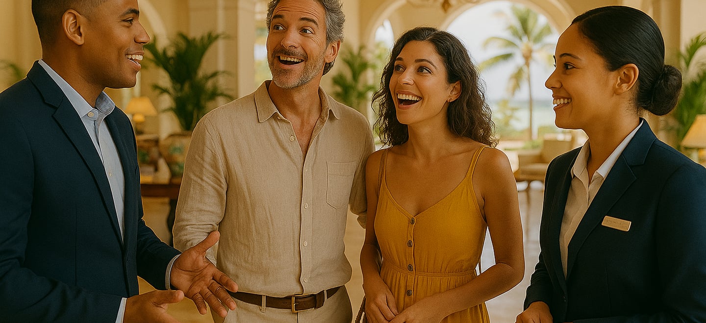 Couple de voyageurs émerveillé par un échange profond avec des collaborateurs dans le lobby d’un hôtel de luxe caribéen, ambi