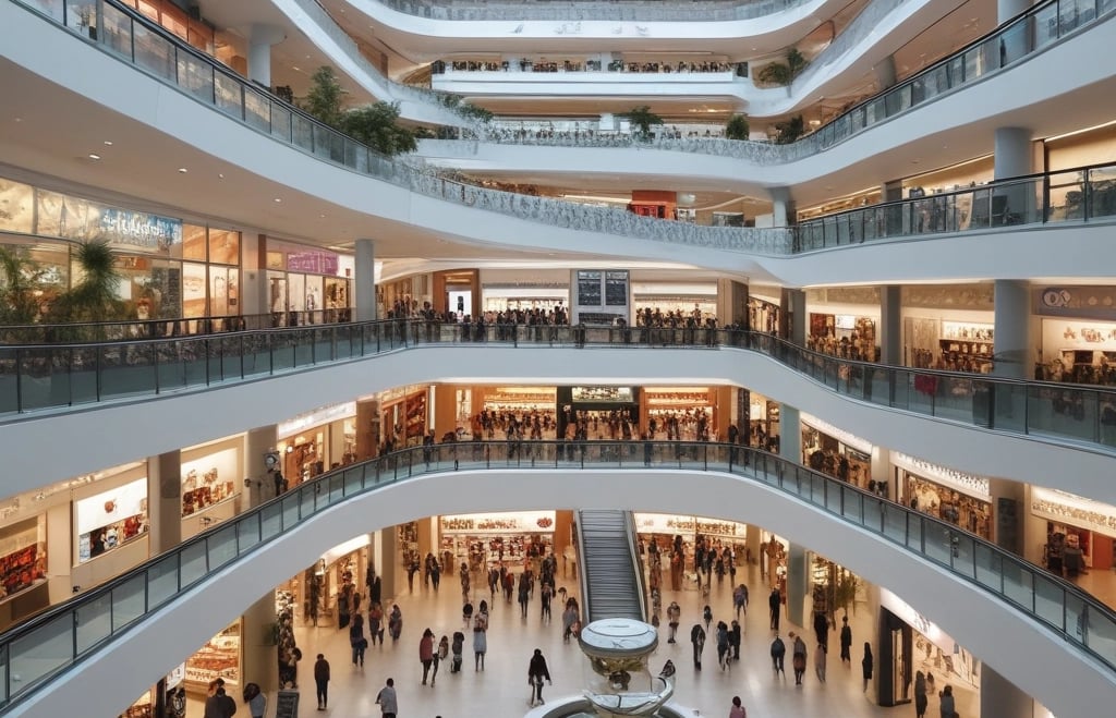 An aerial view of a modern retail store interior featuring neatly arranged displays of clothing, accessories, and mannequins. The store is well-lit with a sleek design, and several shoppers are visible browsing the merchandise. Glass and metal elements contribute to the contemporary aesthetic.