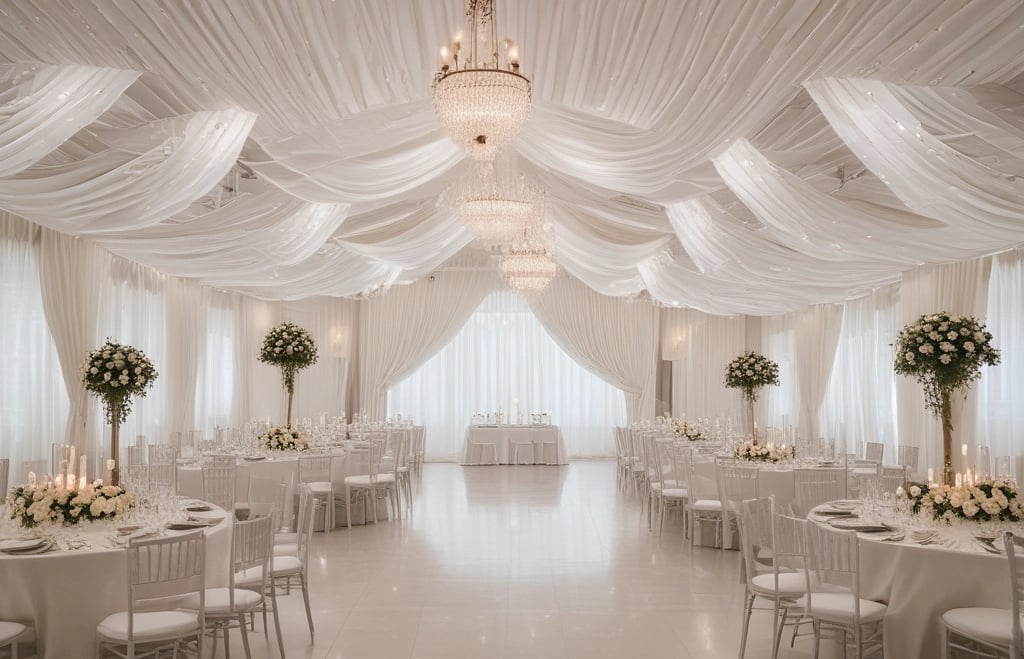 A beautifully decorated banquet hall with elegant lighting and floral arrangements.