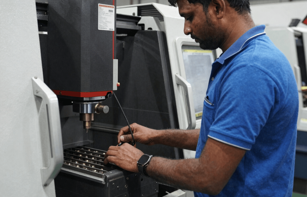 Close-up of a skilled technician operating a CNC machine in a bright engineering workshop.