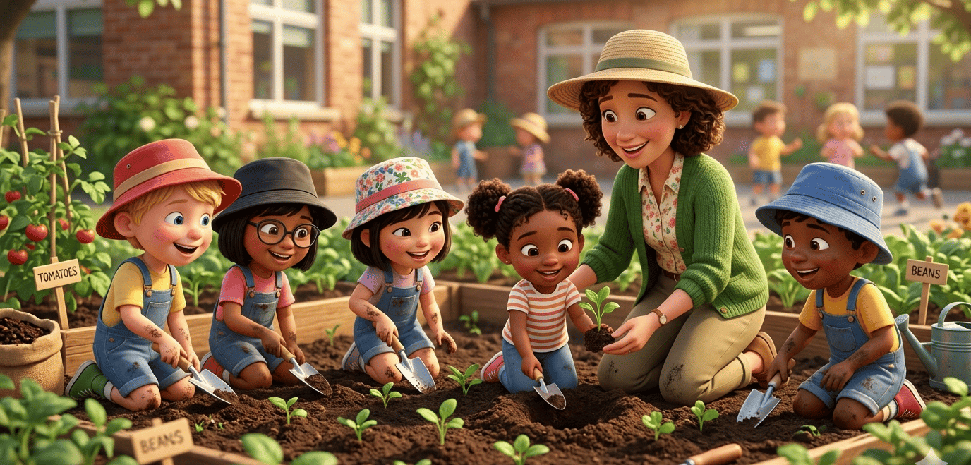 Diverse group of preschool children gardening with a teacher in a sunny school vegetable garden.