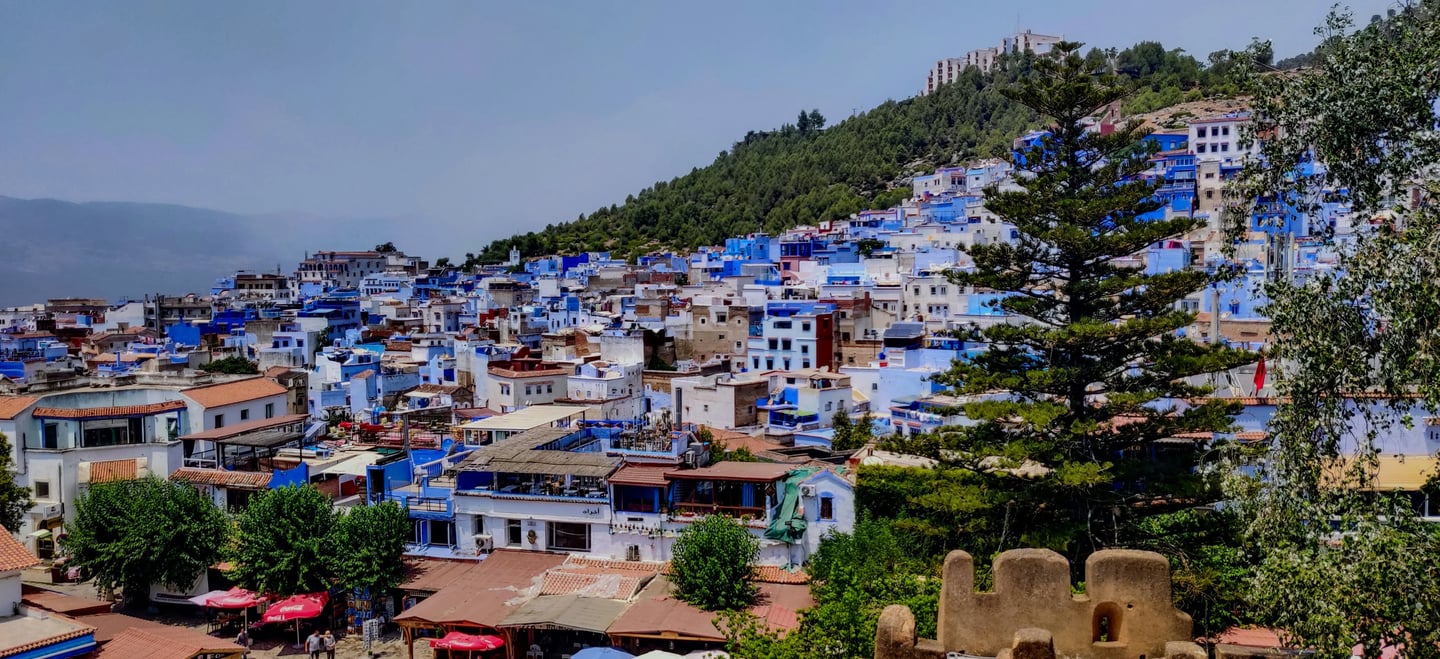 Chefchaouen blue city Morocco mountain view with traditional houses
