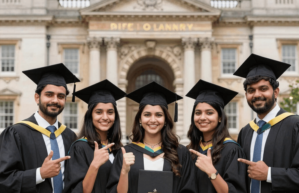 A confident Indian student in their mid-20s smiling while holding a passport and study documents, standing in front of a university campus.