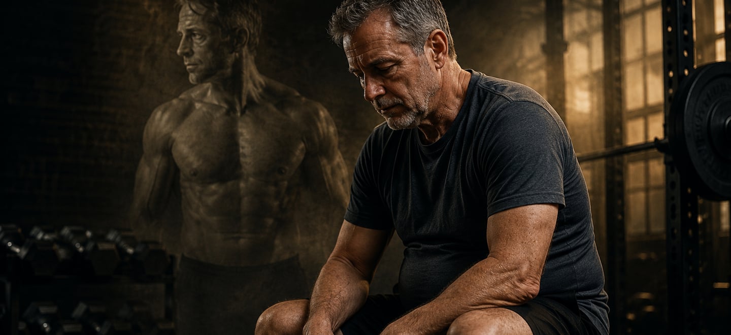 Man over 50 in gym caught in the Diminishment Trap, reflecting on lost strength, muscle, and confide