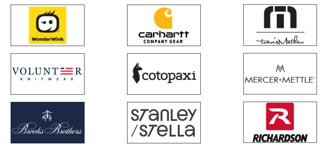a bunch of logos that are on display in a variety of different colors. Screen print or embroidery