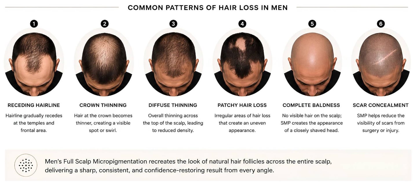 Infographic showing common patterns of hair loss in men treated with scalp micropigmentation SMP.