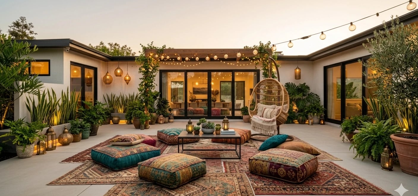 Boho style outdoor patio with floor cushions, patterned rugs, and warm ambient lighting