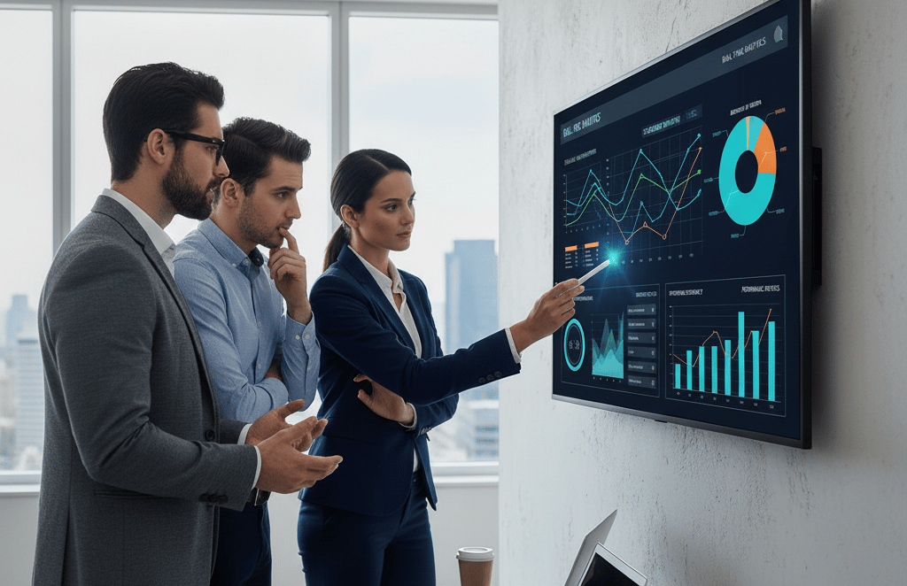 a group of business people standing around a large screen