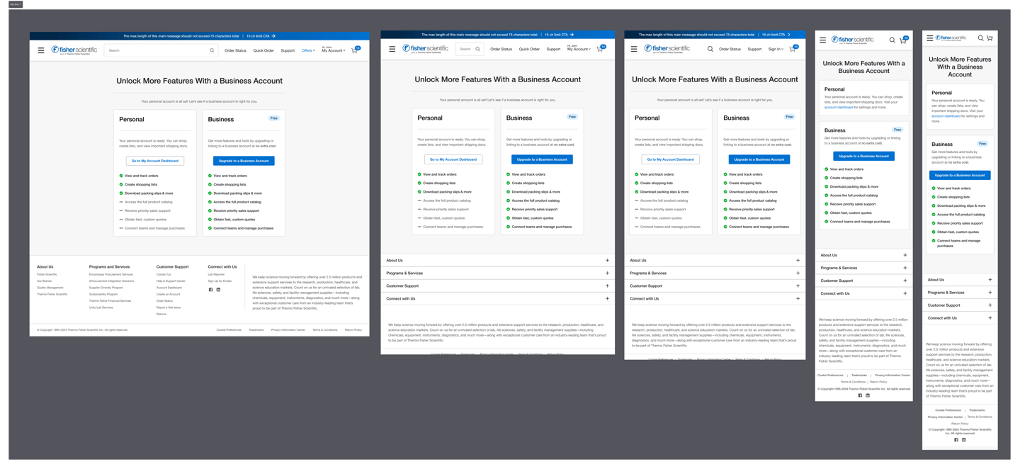 Responsive website layouts showing business account benefits on Fisher Scientific's e-commerce platform across devices.