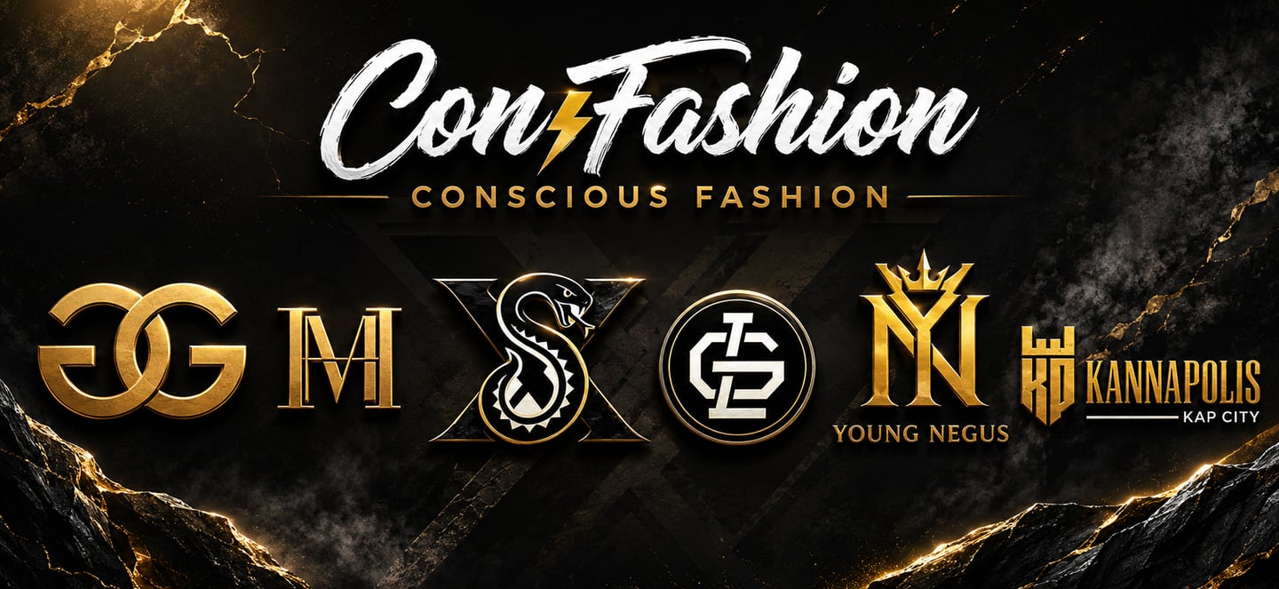 ConFashion logo display featuring conscious fashion brand emblems in gold on a black stone background.