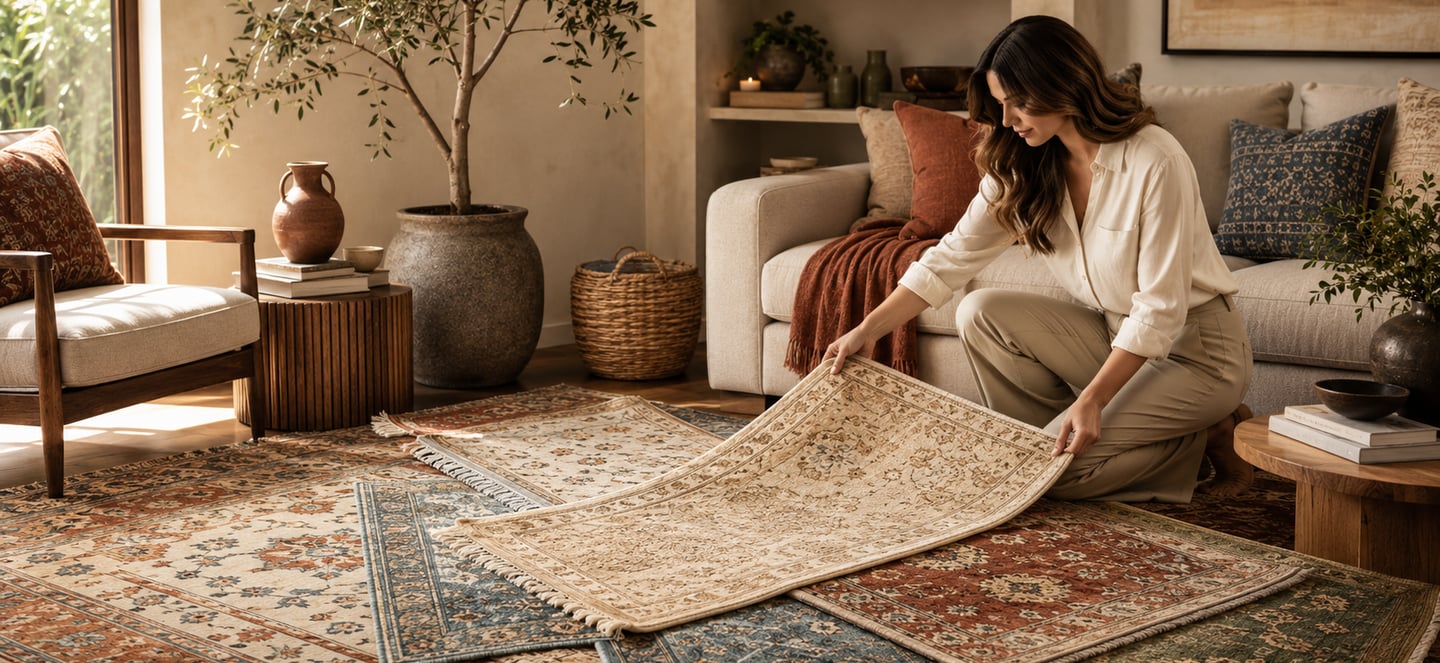 Woman choosing the right handmade rug for a cozy living room with layered rug samples and warm home 