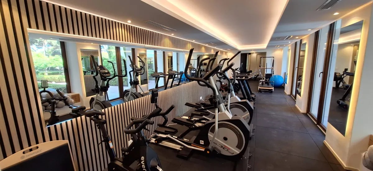 Modern gym at Villa El Rincon with garden views