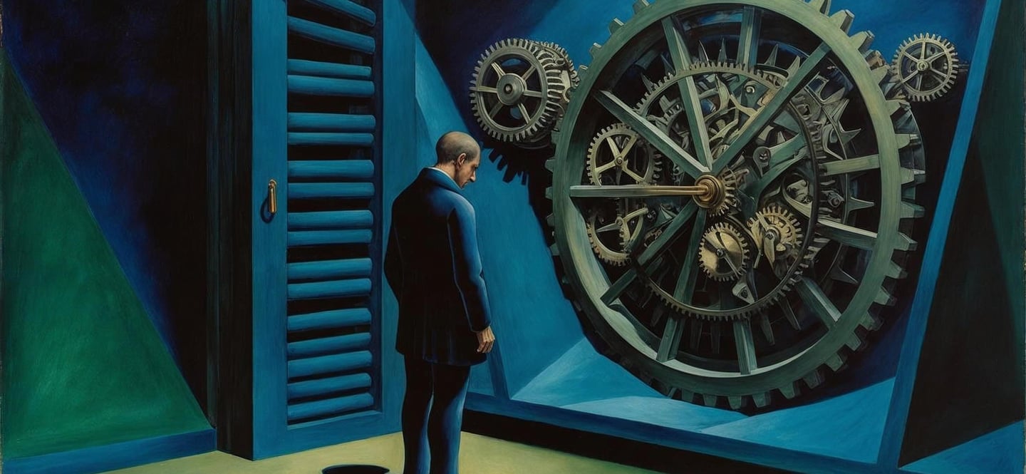 a man standing in front of a large clock with many mechanism