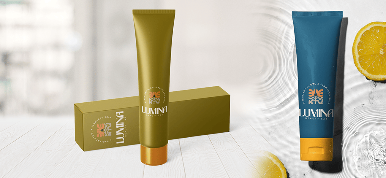 Lumina Beauty Lab skincare tubes and packaging with fresh lemon and water ripples.