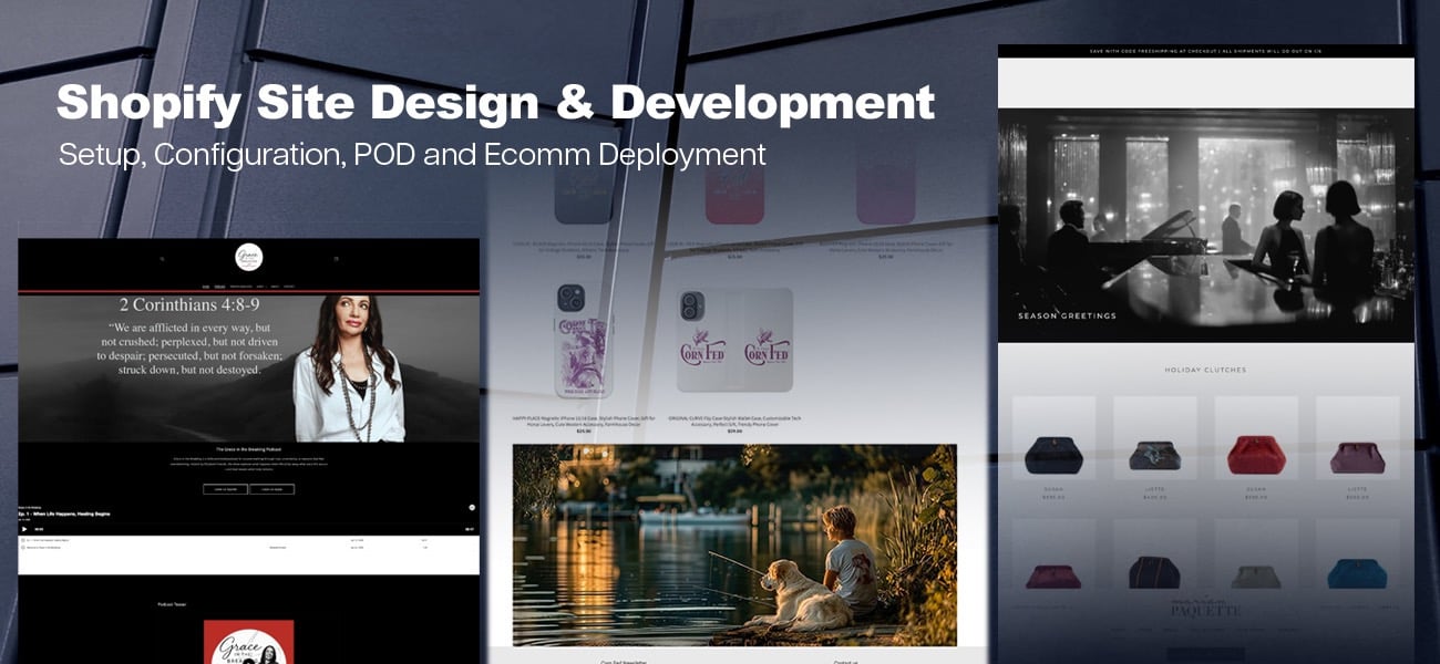Portfolio showcasing Shopify site design and development services for ecommerce and POD stores.