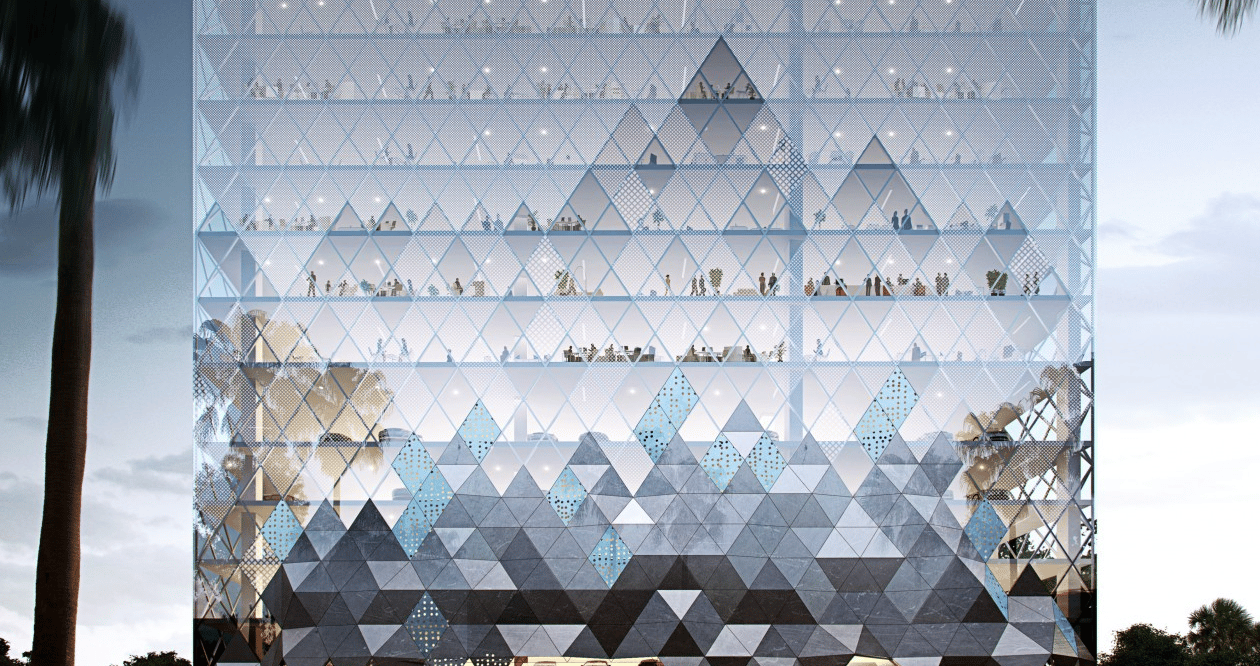 a building with a large glass facade and a skylight