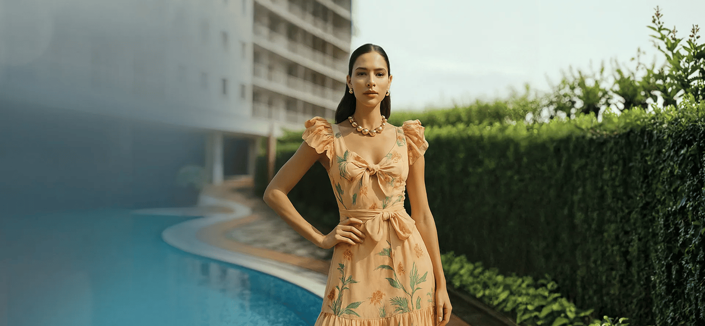 a woman in a dress standing in front of a pool