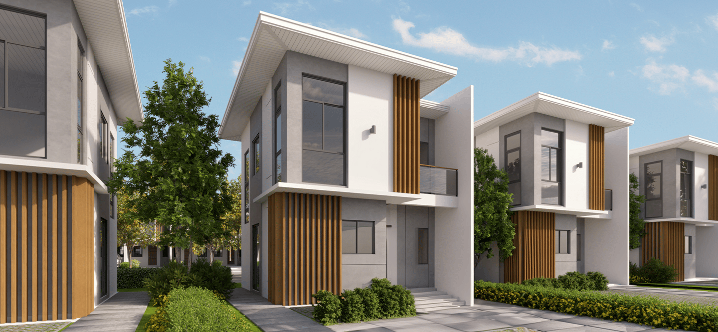 a row of three story houses with wooden slats