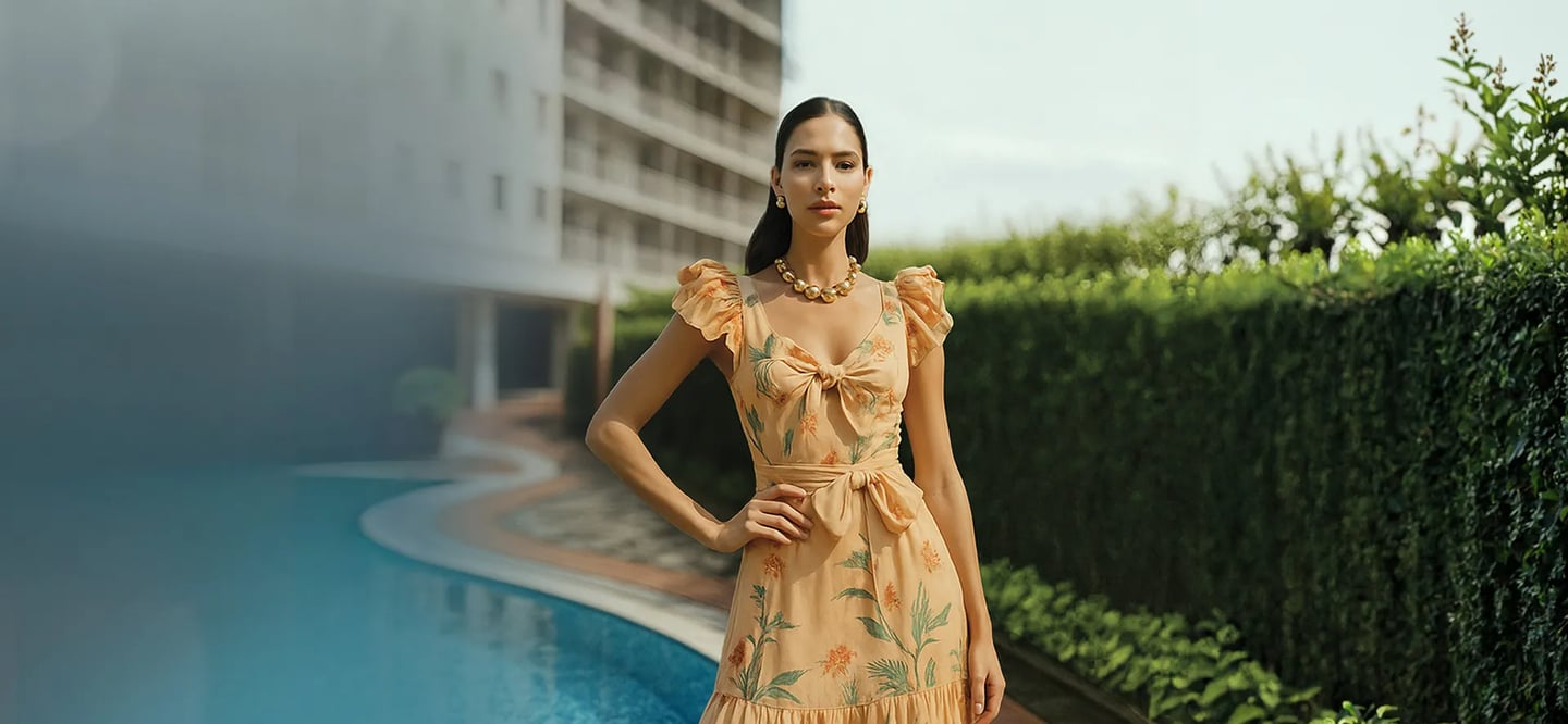 a woman in a dress standing in front of a pool