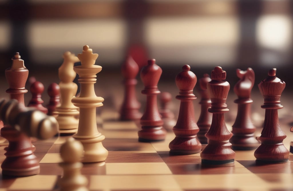 A chessboard set up for a game with white and dark chess pieces positioned for play. The setting includes soft lighting, a wooden table, and comfortable chairs in the background, creating a cozy atmosphere. A small vase with dried flowers is seen to the side of the chessboard.