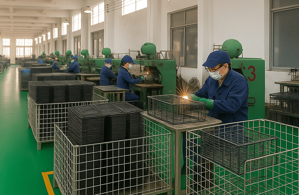 Trabalhadores montando prateleiras de armazenamento em metal personalizadas na fábrica