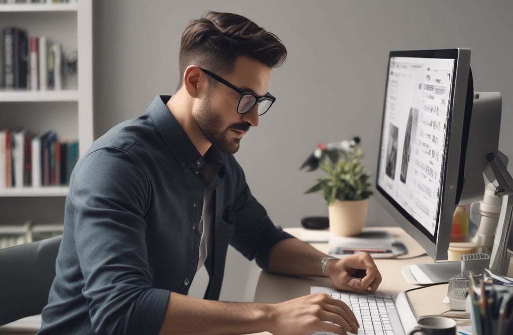 A focused digital marketing manager analyzing campaign data on multiple screens in a modern office.