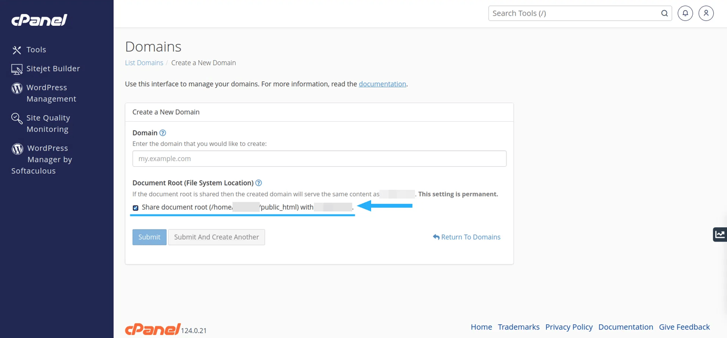 giao diện cpanel, thêm một tên miền mới