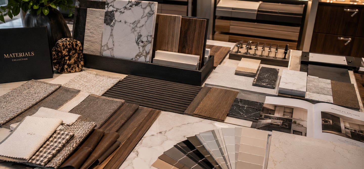 Interior design mood board featuring marble tiles, wood veneers, fabric swatches, and a paint color fan deck.