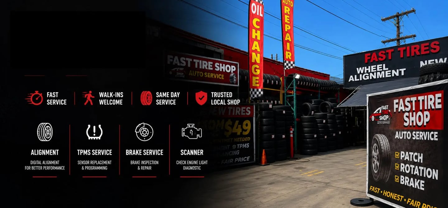 Professional hero banner for Fast Tire Shop East LA Olympic location featuring same day tire service